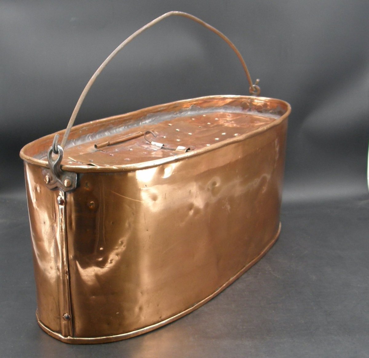 0172:: 1900 Fishing, Bait, Minnow Bucket, signed F.H. Poschinger Lou. KY,  large 18L with an aerator - Mark C. Grove