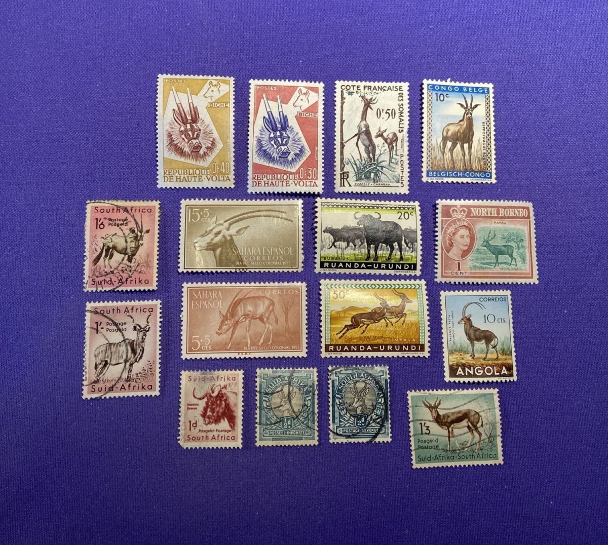 1108:: 16 Animal Stamps, 1950s, 8 Countries: 10 different antelopes, red  deer, wildebeest, cape buffalo
